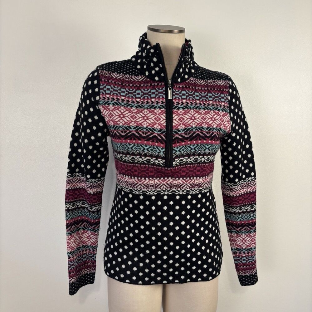 Icelandic Design Sweater Womens M Black Wool Blend Fair Isle Polka Dot 1/4 Zip